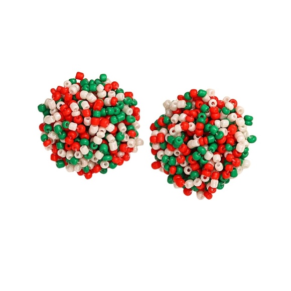 Festive Red, Green & White Beaded Stud Earrings – Christmas Holiday Jewelry - Picture 1 of 1